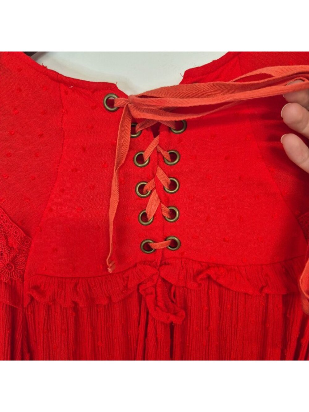 Boho Red Long Sleeve Lace-Trim Blouse With Back Tie Detail Womens Size S - Picture 6 of 8
